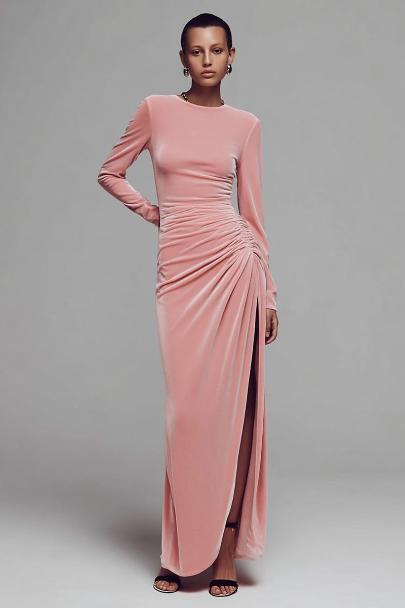 Load image into Gallery viewer, Coffee Crew Neck Velvet Ruched Long Formal Dress with Slit