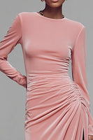 Load image into Gallery viewer, Coffee Crew Neck Velvet Ruched Long Formal Dress with Slit