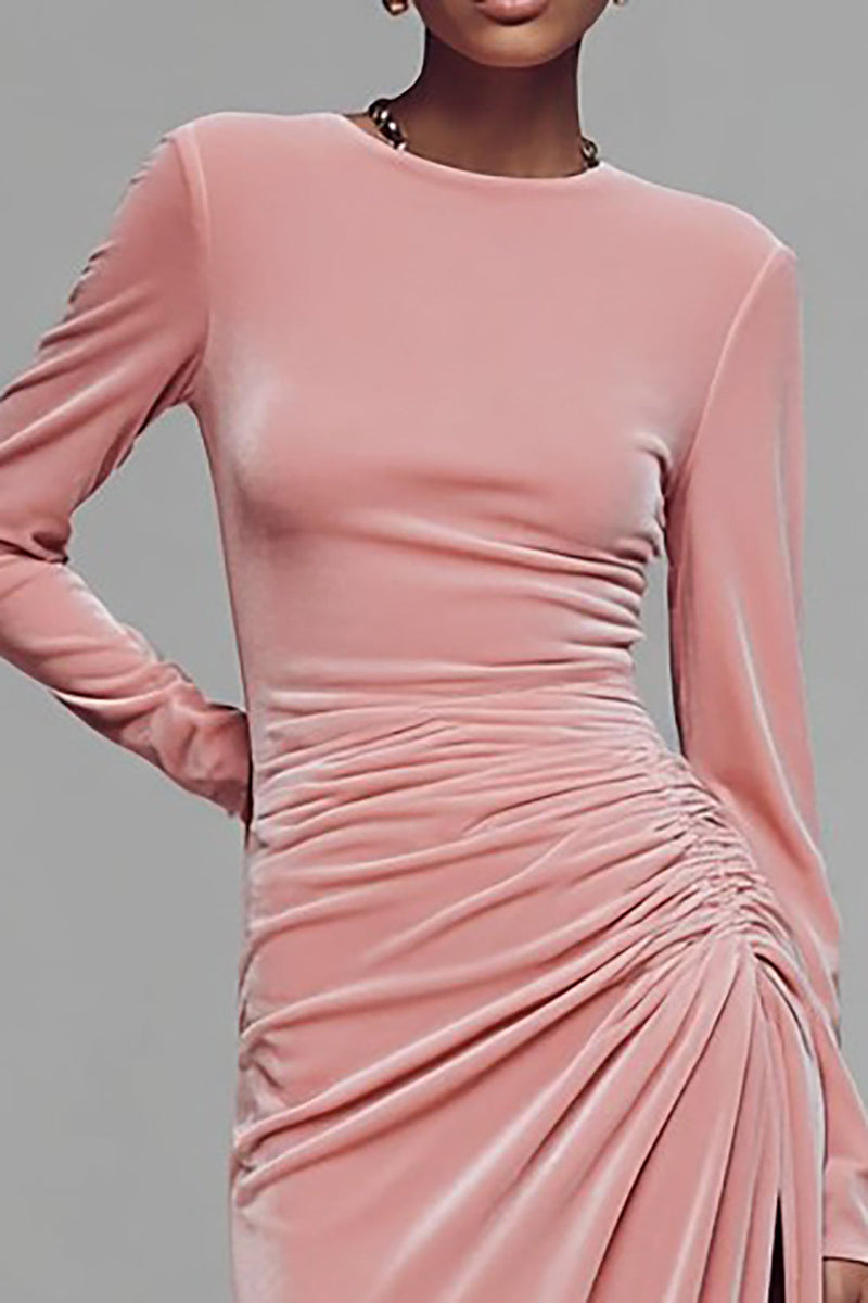 Load image into Gallery viewer, Coffee Crew Neck Velvet Ruched Long Formal Dress with Slit