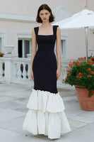 Load image into Gallery viewer, Black and White Thick Straps Mermaid Long Formal Dress with Ruffles