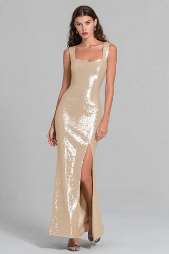 Sparkly Champagne Sequin Mermaid Long Formal Dress with Slit