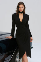 Load image into Gallery viewer, Black High Neck Long Sleeves Bodycon Midi Cocktail Dress with Slit