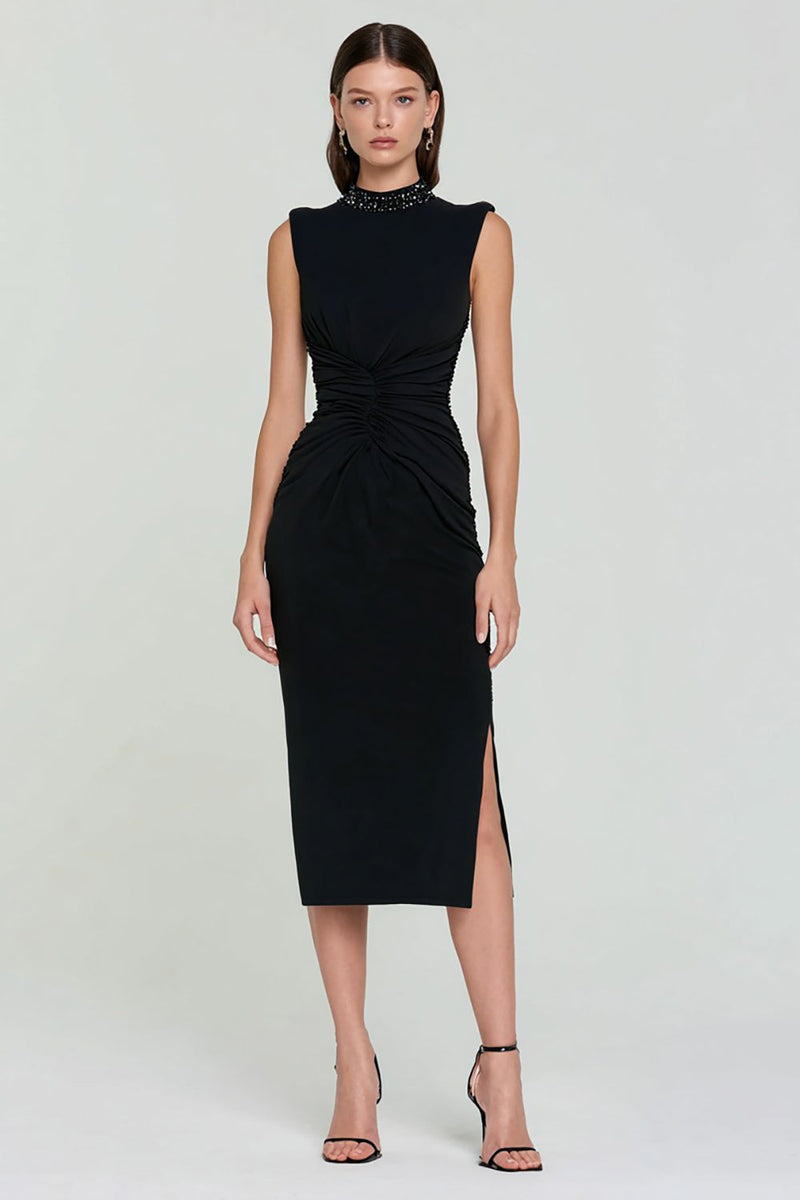 Load image into Gallery viewer, Sparkly Black Bodycon High Neck Midi Cocktail Dress with Slit