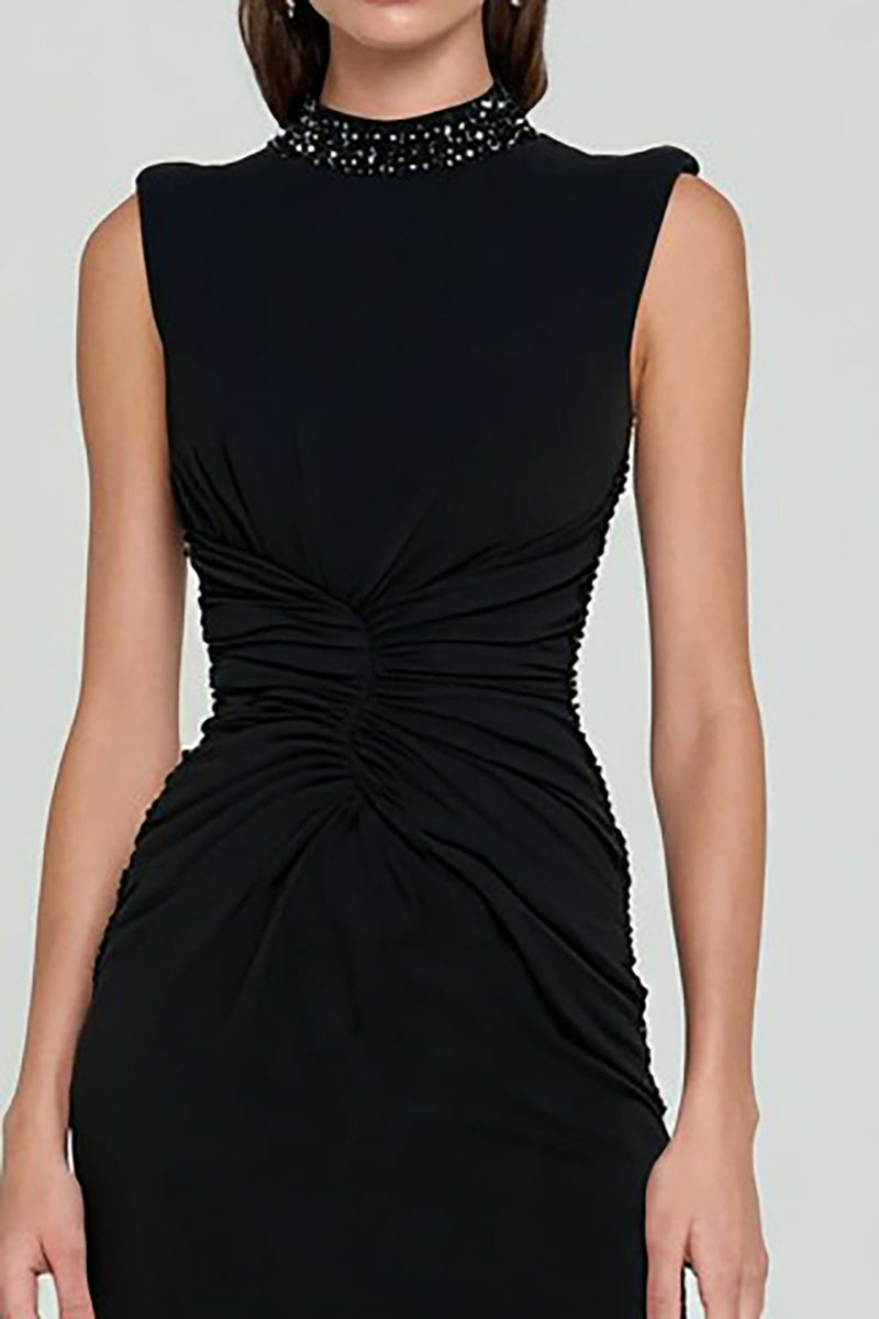 Load image into Gallery viewer, Sparkly Black Bodycon High Neck Midi Cocktail Dress with Slit