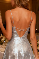 Load image into Gallery viewer, Sparkly Silver A-Line Spaghetti Straps Sequin Short Cocktail Dress