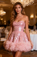 Load image into Gallery viewer, Sparkly Pink A-Line Sweetheart Sequin Short Cocktail Dress with Feather