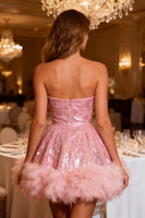 Load image into Gallery viewer, Sparkly Pink A-Line Sweetheart Sequin Short Cocktail Dress with Feather