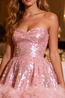 Load image into Gallery viewer, Sparkly Pink A-Line Sweetheart Sequin Short Cocktail Dress with Feather
