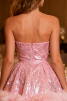 Load image into Gallery viewer, Sparkly Pink A-Line Sweetheart Sequin Short Cocktail Dress with Feather