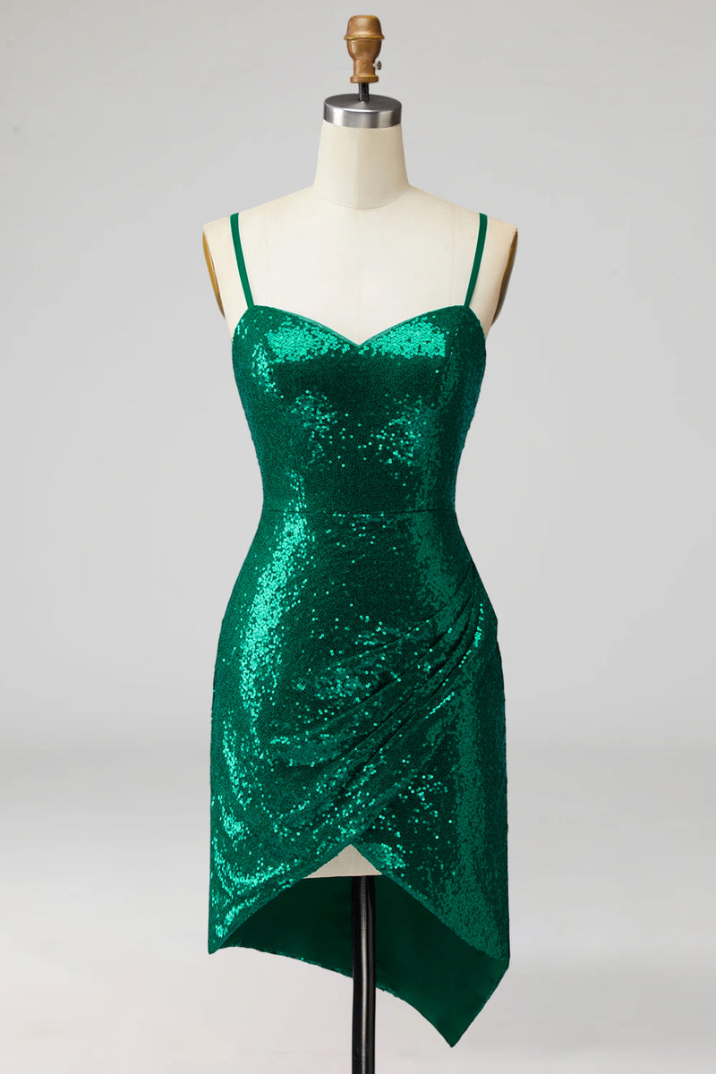 Load image into Gallery viewer, Sparkly Dark Green Spaghetti Straps Sequin Short Cocktail Dress
