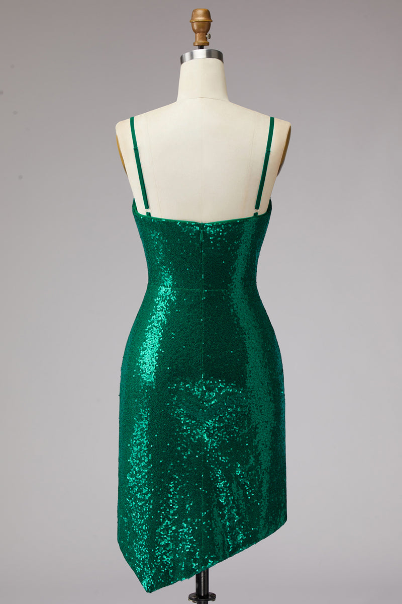 Load image into Gallery viewer, Sparkly Dark Green Spaghetti Straps Sequin Short Cocktail Dress