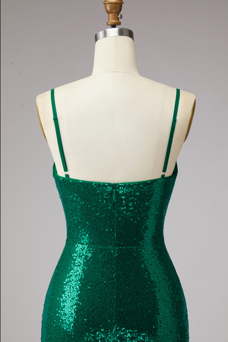 Load image into Gallery viewer, Sparkly Dark Green Spaghetti Straps Sequin Short Cocktail Dress