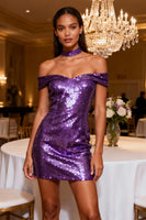 Load image into Gallery viewer, Sparkly Purple Bodycon Sequin Short Cocktail Dress
