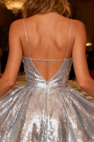Load image into Gallery viewer, Sparkly Silver A-Line Spaghetti Straps Sequin Short Cocktail Dress