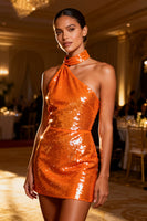 Load image into Gallery viewer, Sparkly Orange Bodycon Backless Sequin Short Cocktail Dress