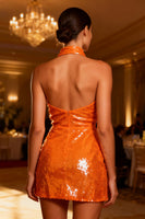 Load image into Gallery viewer, Sparkly Orange Bodycon Backless Sequin Short Cocktail Dress