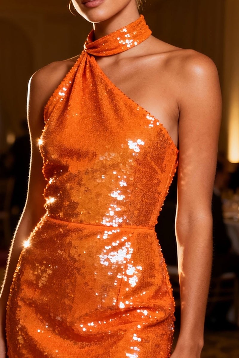 Load image into Gallery viewer, Sparkly Orange Bodycon Backless Sequin Short Cocktail Dress