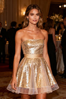 Load image into Gallery viewer, Sparkly Gold A-Line Strapless Sequin Short Cocktail Dress