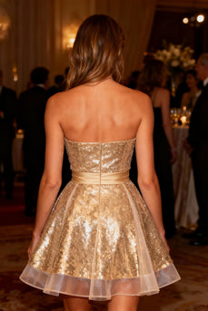 Sparkly Gold A-Line Strapless Sequin Short Cocktail Dress