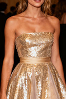 Load image into Gallery viewer, Sparkly Gold A-Line Strapless Sequin Short Cocktail Dress