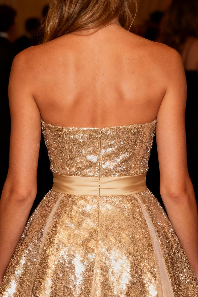 Load image into Gallery viewer, Sparkly Gold A-Line Strapless Sequin Short Cocktail Dress