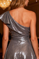 Load image into Gallery viewer, Sparkly Grey One Shoulder Sequin Short Cocktail Dress with Ruffes