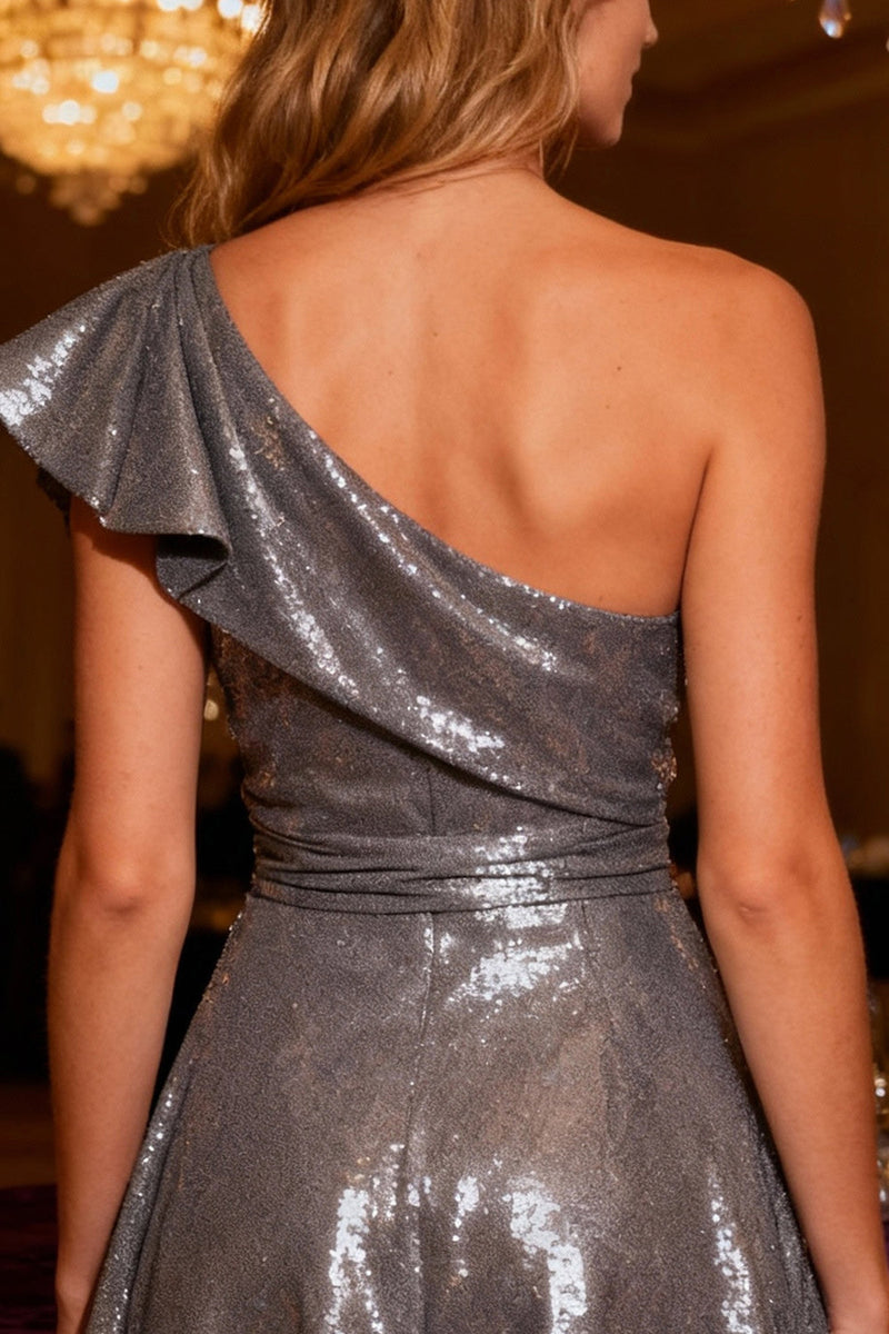 Load image into Gallery viewer, Sparkly Grey One Shoulder Sequin Short Cocktail Dress with Ruffes