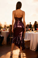 Load image into Gallery viewer, Sparkly Burgundy V-Neck Midi Sequin Holiday Party Dress with Ruffles