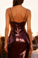 Load image into Gallery viewer, Sparkly Burgundy V-Neck Midi Sequin Holiday Party Dress with Ruffles