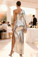 Load image into Gallery viewer, Sparkly Silver Sequin Sheath Long Holiday Party Dress with Sleeves