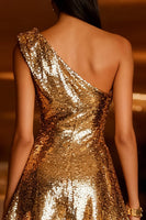 Load image into Gallery viewer, Sparkly Gold A-Line One Shoulder Sequin Short Cocktail Dress