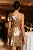 Load image into Gallery viewer, Sparkly Gold Sequin One Shoulder Short Cocktail Dress