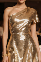 Load image into Gallery viewer, Sparkly Gold Sequin One Shoulder Short Cocktail Dress