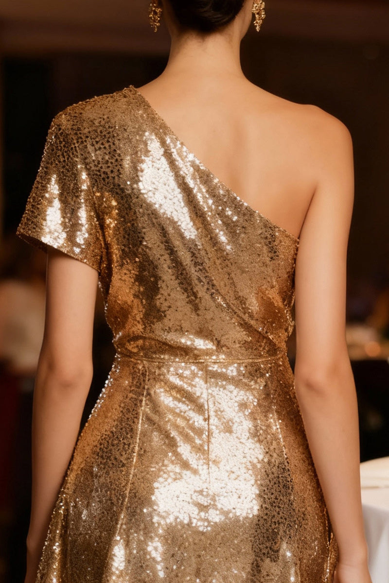 Load image into Gallery viewer, Sparkly Gold Sequin One Shoulder Short Cocktail Dress