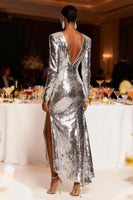 Load image into Gallery viewer, Sparkly Silver Mermaid Long Sleeves Sequin Holiday Party Dress with Slit