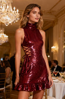 Load image into Gallery viewer, Sparkly Burgundy Bodycon Short Sequin Cocktail Dress with Ruffles