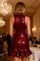 Load image into Gallery viewer, Sparkly Burgundy Bodycon Short Sequin Cocktail Dress with Ruffles
