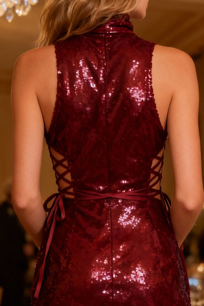 Load image into Gallery viewer, Sparkly Burgundy Bodycon Short Sequin Cocktail Dress with Ruffles