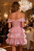 Load image into Gallery viewer, Sparkly Pink Tiered Short Sequin Cocktail Dress with Ruffles