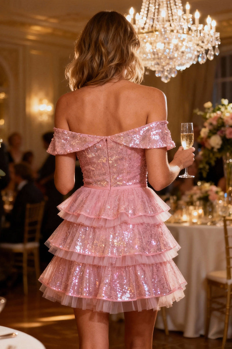 Load image into Gallery viewer, Sparkly Pink Tiered Short Sequin Cocktail Dress with Ruffles