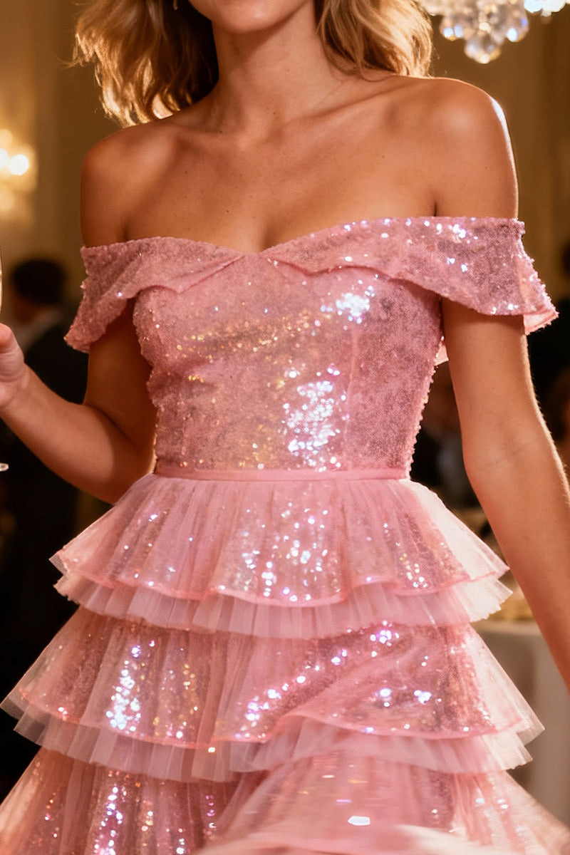 Load image into Gallery viewer, Sparkly Pink Tiered Short Sequin Cocktail Dress with Ruffles
