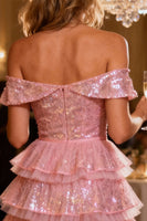 Load image into Gallery viewer, Sparkly Pink Tiered Short Sequin Cocktail Dress with Ruffles