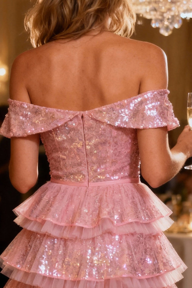 Load image into Gallery viewer, Sparkly Pink Tiered Short Sequin Cocktail Dress with Ruffles