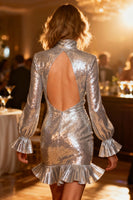 Load image into Gallery viewer, Sparkly Silver Bodycon Sequin Short Cocktail Dress with Ruffles