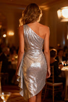 Load image into Gallery viewer, Sparkly Silver One Shoulder Bodycon Short Sequin Cocktail Dress