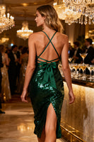 Load image into Gallery viewer, Sparkly Dark Green Sequin Bodycon Midi Cocktail Dress