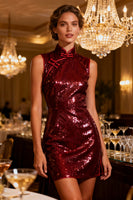 Load image into Gallery viewer, Sparkly Burgundy Sequin Bodycon Short Cocktail Dress