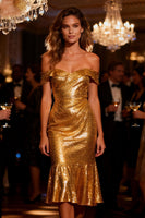Load image into Gallery viewer, Sparkly Gold Midi Sequin Cocktail Party Dress with Ruffles