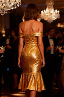 Load image into Gallery viewer, Sparkly Gold Midi Sequin Cocktail Party Dress with Ruffles