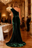 Load image into Gallery viewer, Dark Green Mermaid Velvet Long Holiday Party Dress with Cape